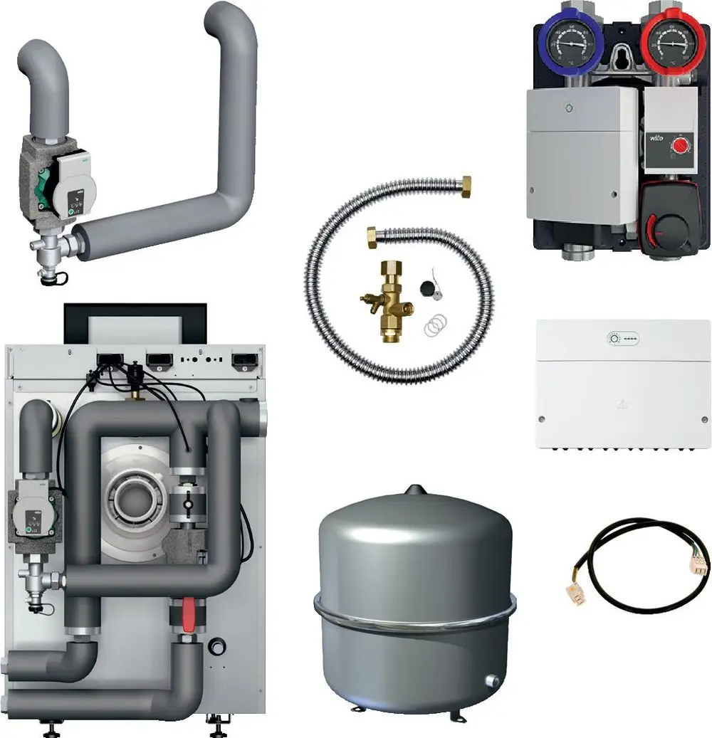 Bosch Heizungsinstallationspaket mit verschiedenen Komponenten wie Rohren, Ventilen, Pumpen und einem Verteilungselement, angeordnet in einer Übersicht.